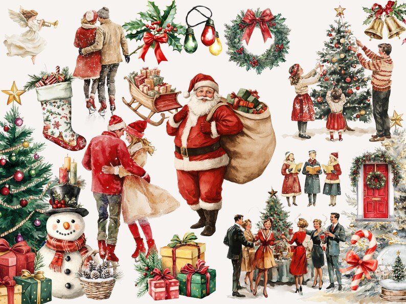 Vintage Christmas watercolor clipart featuring retro Santa, holiday wreaths, carolers, and Christmas tree decorating scenes. Includes festive elements like stockings, snowmen, gifts, and family celebrations.