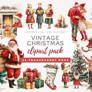 Vintage Christmas Clipart Pack, Retro Santa PNG Clipart, Vintage Christmas Graphics, Festive Clipart Bundle, Digital Download for DIY Cards