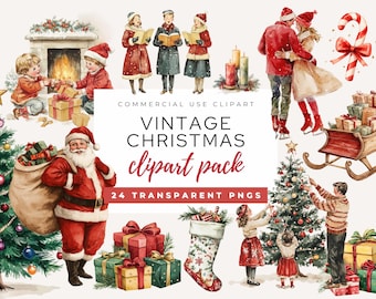 Vintage Christmas Clipart Pack, Retro Santa PNG Clipart, Vintage Christmas Graphics, Festive Clipart Bundle, Digital Download for DIY Cards