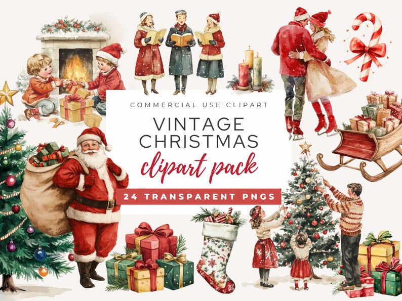 Cover image for the Vintage Christmas Clipart Pack featuring Santa, carolers, family celebrations, and tree decorating scenes. Includes 24 transparent PNGs, perfect for DIY holiday cards, digital downloads, and festive crafts
