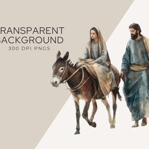 Transparent background preview of Mary and Joseph traveling with a donkey, part of the Religious Christmas Clipart Pack. Ideal for Christian-themed crafts and digital designs.