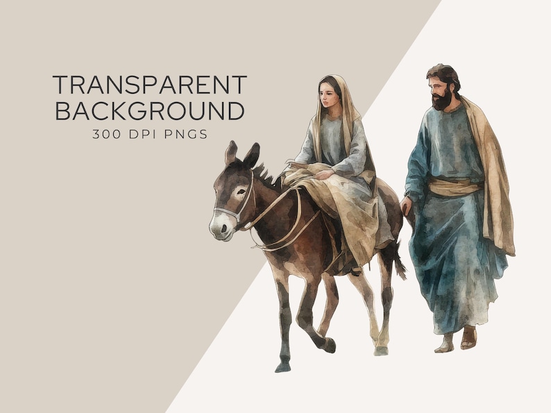 Transparent background preview of Mary and Joseph traveling with a donkey, part of the Religious Christmas Clipart Pack. Ideal for Christian-themed crafts and digital designs.