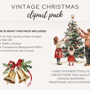 Vintage Christmas Clipart Pack details, showcasing a nostalgic family tree decorating scene and holiday bells. Includes 24 high-quality PNG images for retro Christmas designs and festive projects.