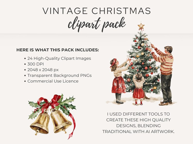 Vintage Christmas Clipart Pack details, showcasing a nostalgic family tree decorating scene and holiday bells. Includes 24 high-quality PNG images for retro Christmas designs and festive projects.