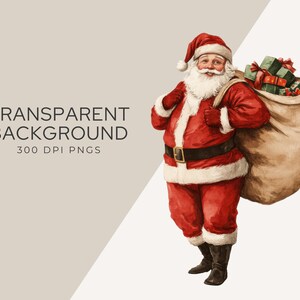 Transparent background example from the Vintage Christmas Clipart Pack featuring a nostalgic Santa carrying a sack of gifts. Perfect for retro-themed digital designs and festive projects.