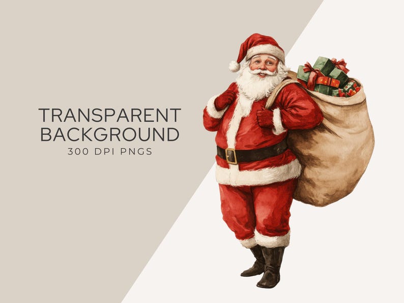 Transparent background example from the Vintage Christmas Clipart Pack featuring a nostalgic Santa carrying a sack of gifts. Perfect for retro-themed digital designs and festive projects.