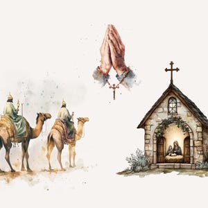 Watercolor clipart featuring camels, praying hands, and a small church with a nativity scene. Great for creating Christian clipart projects and holiday digital designs.
