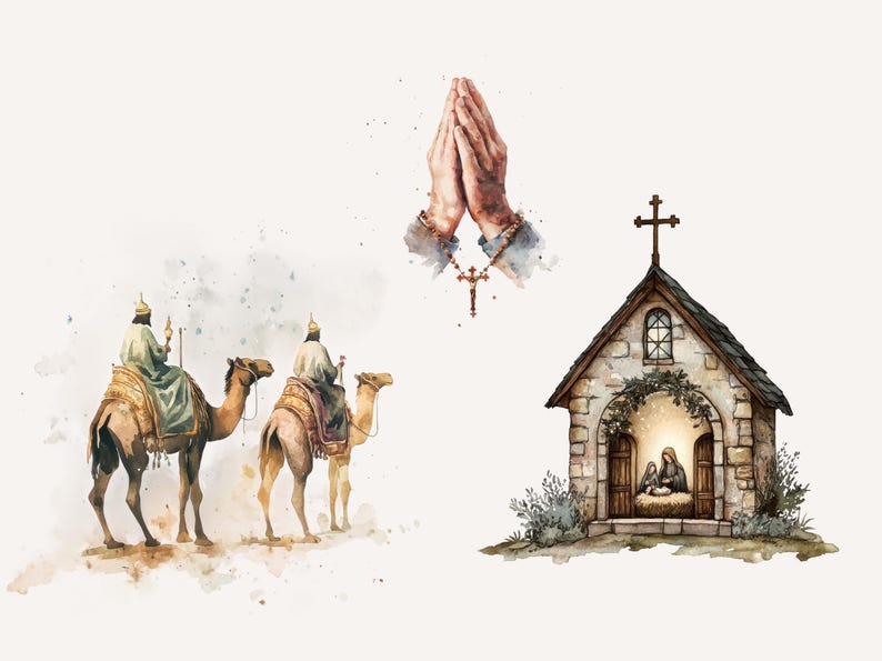 Watercolor clipart featuring camels, praying hands, and a small church with a nativity scene. Great for creating Christian clipart projects and holiday digital designs.