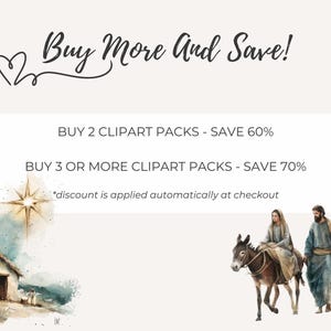 Promotional image of Religious Christmas Clipart Pack featuring discount offers. Includes watercolor nativity scene, Mary and Joseph with a donkey, and the star of Bethlehem. Great for holiday digital downloads and Christian clipart collections.