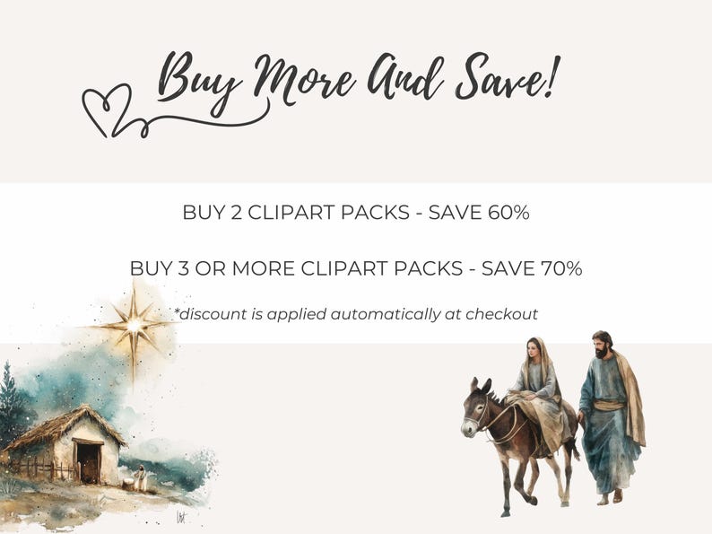 Promotional image of Religious Christmas Clipart Pack featuring discount offers. Includes watercolor nativity scene, Mary and Joseph with a donkey, and the star of Bethlehem. Great for holiday digital downloads and Christian clipart collections.