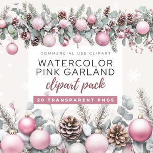 Clipart guirlande rose aquarelle, guirlande de Noël, clipart vacances, guirlande rose et noeuds, bordures aquarelles, clipart Noël pastel