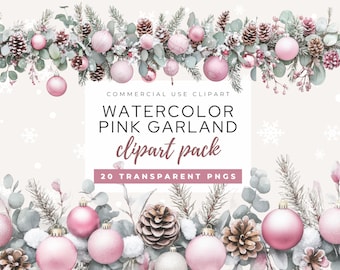 Watercolor Pink Garland Clipart, Christmas Garland, Holiday Clipart, Pink And Bows  Garland, Watercolor Borders, Pastel Christmas Clipart
