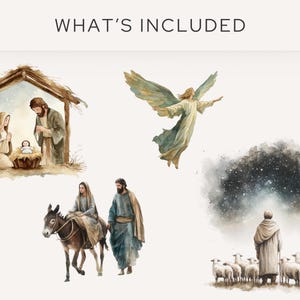 What's included in the Religious Christmas Clipart Pack: watercolor illustrations of baby Jesus, Mary and Joseph, an angel, and a shepherd with sheep under a starry sky. Perfect for Christmas nativity PNG crafts.