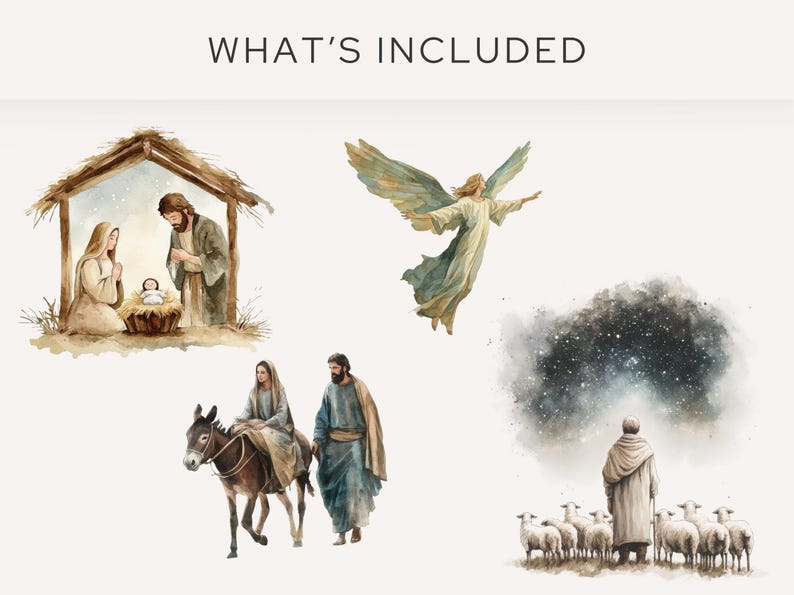 What's included in the Religious Christmas Clipart Pack: watercolor illustrations of baby Jesus, Mary and Joseph, an angel, and a shepherd with sheep under a starry sky. Perfect for Christmas nativity PNG crafts.