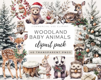 Christmas Woodland Baby Animals Clipart, Cute Baby Animals, Watercolor Clipart, Adorable Woodland Animals Clipart, Winter Forest Clipart