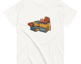 May include: White t-shirt with a graphic of ammunition cartridges in a magazine. The cartridges have orange tips and are in a grey magazine with the text "SHOOT SWIFT". A casual wear item.