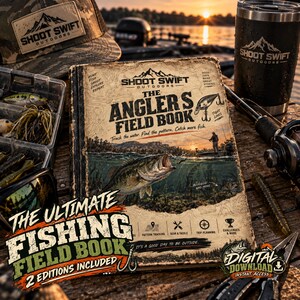 May include: A rectangular book titled The Angler's Field Book with a cover featuring a bass fish, a fishing boat on a lake at sunset, and the Shoot Swift Outdoors logo. The cover includes text such as Track the water, Find the pattern, Catch more fish, and The Ultimate Fishing Field Book 2 Editions Included.