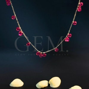 RED Moissanite Necklace|Floating Diamond Layering|Birthstone Ruby Red with 15-18 inches adjustable 14K Gold Chain