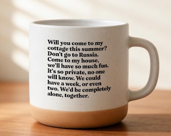 Heated Rivalry Mug "Will You Come to The Cottage?" Mug, two-tone white & tan coffee cup, cottage invitation text design