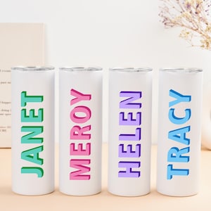 Personalized Name Skinny Tumbler, Custom Shadow Monogram Tumbler, Bridesmaid Gift, Bachelorette Party Gift, 20oz Tumblers with Lid and Straw