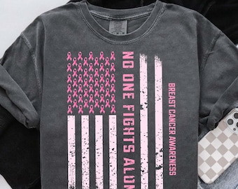 No One Fights Alone Breast Cancer Awareness PNG - Pink Ribbon American Flag Graphic Sublimation Design - Cancer Support Survivor Shirt