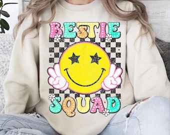 Bestie Squad PNG, Retro Smiley Face Sublimation Design (Digital Download)