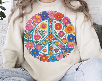 花のピースサイン PNG：70年代のレトロな花のシンボル（デジタルダウンロード）
