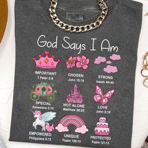 God Says I Am PNG – Princess Faith Bible Verse Sublimation – Cute Christian Girl Clipart with Crown, Unicorn, Rainbow, Butterfly