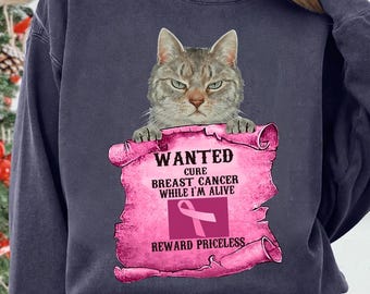 Cat Wanted Breast Cancer Awareness PNG, Funny Pink Ribbon Survivor Cat Holding Poster Sublimation Design Digital Download