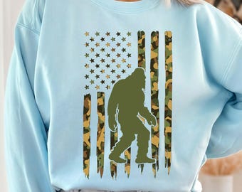 Bigfoot Sasquatch PNG | Camo American Flag Silhouette Design | Funny Hunting Wilderness Sublimation Clipart