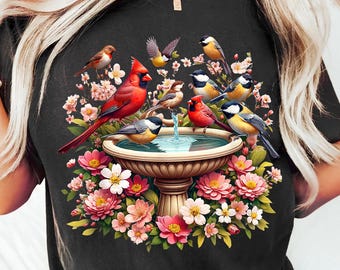 Fuente floral para pájaros PNG: Diseño de jardín primaveral (Descarga digital)