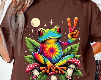 Hippie Colorful Frog PNG, Psychedelic Peace Frog Sublimation, Trippy Tie-Dye Frog Digital Download, Boho Mushroom Art Clipart