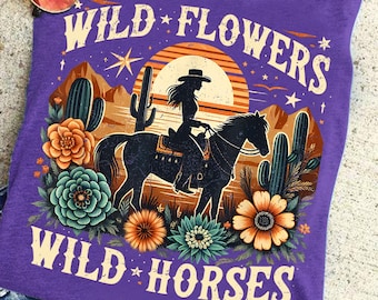 Wild Horses PNG: Retro Cowgirl, Sunset Cactus (Digital Download)