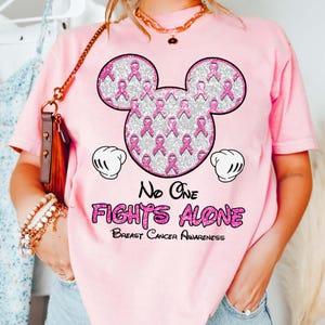 No One Fights Alone Breast Cancer Awareness PNG, Pink Ribbon Mouse Head Sublimation Design, Survivor Support Digital Download