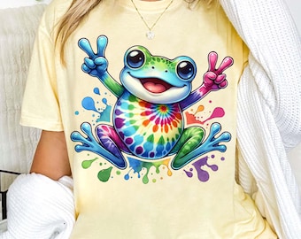 Tie-Dye Frog PNG - Colorful Frog Graphic Tee - Hippie Animal Clipart - Fun Cute Digital Art