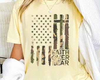 Faith Over Fear PNG | Christian Camo American Flag Shirt Design | Religious Inspirational Sublimation Clipart