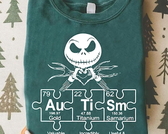 Au Ti Sm Autism Awareness Jack Skellington Chemistry Puzzle Pieces Gold Titanium Samarium Autism Support Funny Gothic PNG Sublimation Design