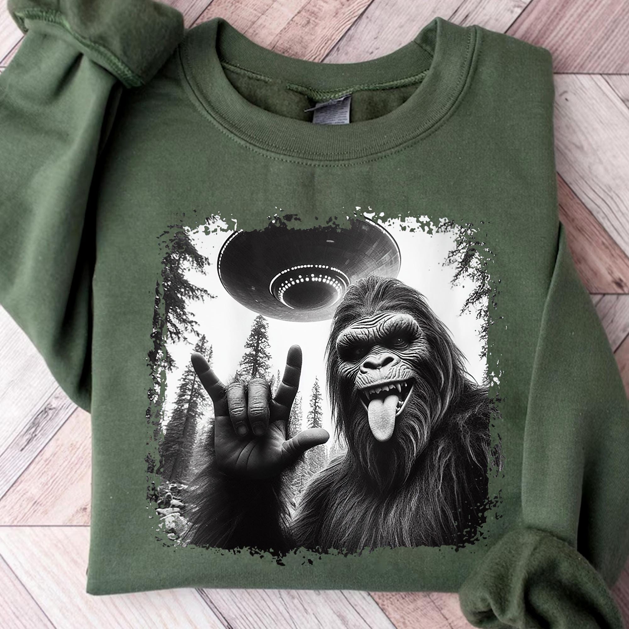 Bigfoot and UFO PNG - Funny Alien Encounter Digital Design - Rock On Sasquatch Sublimation Graphic