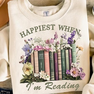 Happiest When I’m Reading PNG - Floral Book Stack Sublimation Design, Vintage Books and Flowers Digital Download, Book Lover Clipart