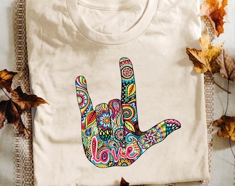 Colorful ASL Love Hand Sign PNG: Boho Hippie Graphic (Digital Download)