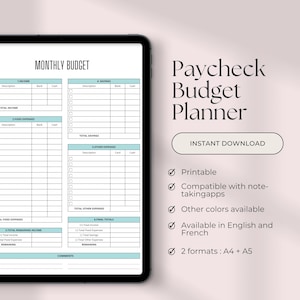 Peut inclure: Un planificateur de budget numérique imprimable affiché sur l'écran d'une tablette. Le planificateur est intitulé "Paycheck Budget Planner" et comprend des sections pour les revenus, les économies, les dépenses fixes, les autres dépenses et les totaux finaux. Le planificateur est disponible en téléchargement instantané et est imprimable, compatible avec les applications de prise de notes, disponible dans d'autres couleurs et disponible en anglais et en français. Le planificateur est disponible en deux formats : A4 et A5.