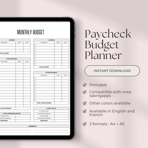 Puede incluir: Un planificador de presupuesto imprimible en la pantalla de una tableta. El planificador está diseñado para ayudar a las personas a realizar un seguimiento de sus ingresos, gastos y ahorros. El planificador está disponible en inglés y francés y en dos formatos: A4 y A5.