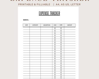 May include: A printable expense tracker with the title "EXPENSE TRACKER" at the top. The document includes fields for date, category, description, cash/card, and amount. The document is available in A4, A5, and US Letter sizes.