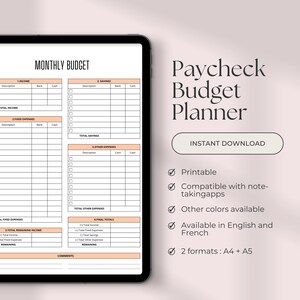 Peut inclure: Un planificateur de budget mensuel imprimable avec des sections pour les revenus, les dépenses fixes, les économies et autres dépenses. Le planificateur est compatible avec les applications de prise de notes et disponible en anglais et en français.