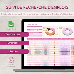 Peut inclure: Capture d'écran d'un ordinateur portable affichant un tableur de suivi de recherche d'emploi. L'écran montre des graphiques et des tableaux avec des données sur les candidatures, les entretiens et les processus de sélection. Le texte "SUIVI DE RECHERCHE D'EMPLOIS" est visible.