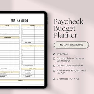 Op de afbeelding: Een printbare budgetplanner met een zwart-wit ontwerp. De planner is onderverdeeld in secties voor inkomsten, vaste uitgaven, besparingen en andere uitgaven. Het bevat een sectie voor het totale resterende inkomen en de eindtotalen. De planner is compatibel met notitie-apps en beschikbaar in het Engels en Frans.