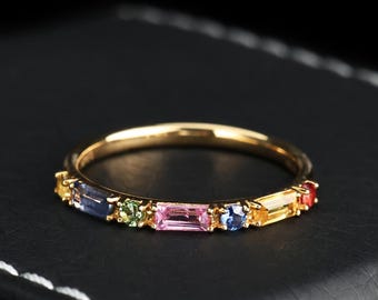 Rainbow Sapphire Eternity Ring, Multi-Color Sapphire Ring ,18k Solid Gold Ring, Unique Engagement Ring, Anniversary Gift For Her