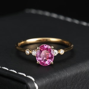 Natural Pink Sapphire Ring with White Sapphire, 18k Solid Gold Ring, Unique Engagement Ring, Women Sapphire Ring, Vintage Gold Band