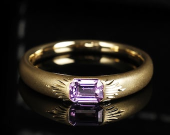 Handmade Engraving Ring,18k Solid Gold Ring, Unique Engagement Ring, Handmade Purple Sapphire Ring, Statement Ring For Women, Gift For Her