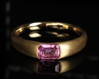 Natural Pink Sapphire Ring, Handmade Brushed Gold Ring,18k Solid Gold Ring, Unique Engagement Ring, Statement Ring For Women, Gift For Her